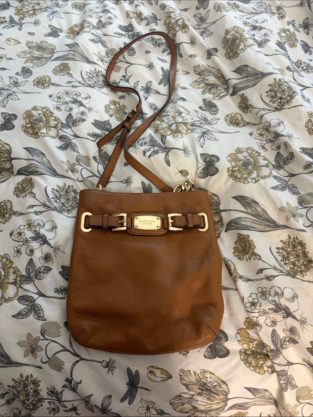 Michael Kors Cognac Pebbled Leather Crossbody with Gold Plaque